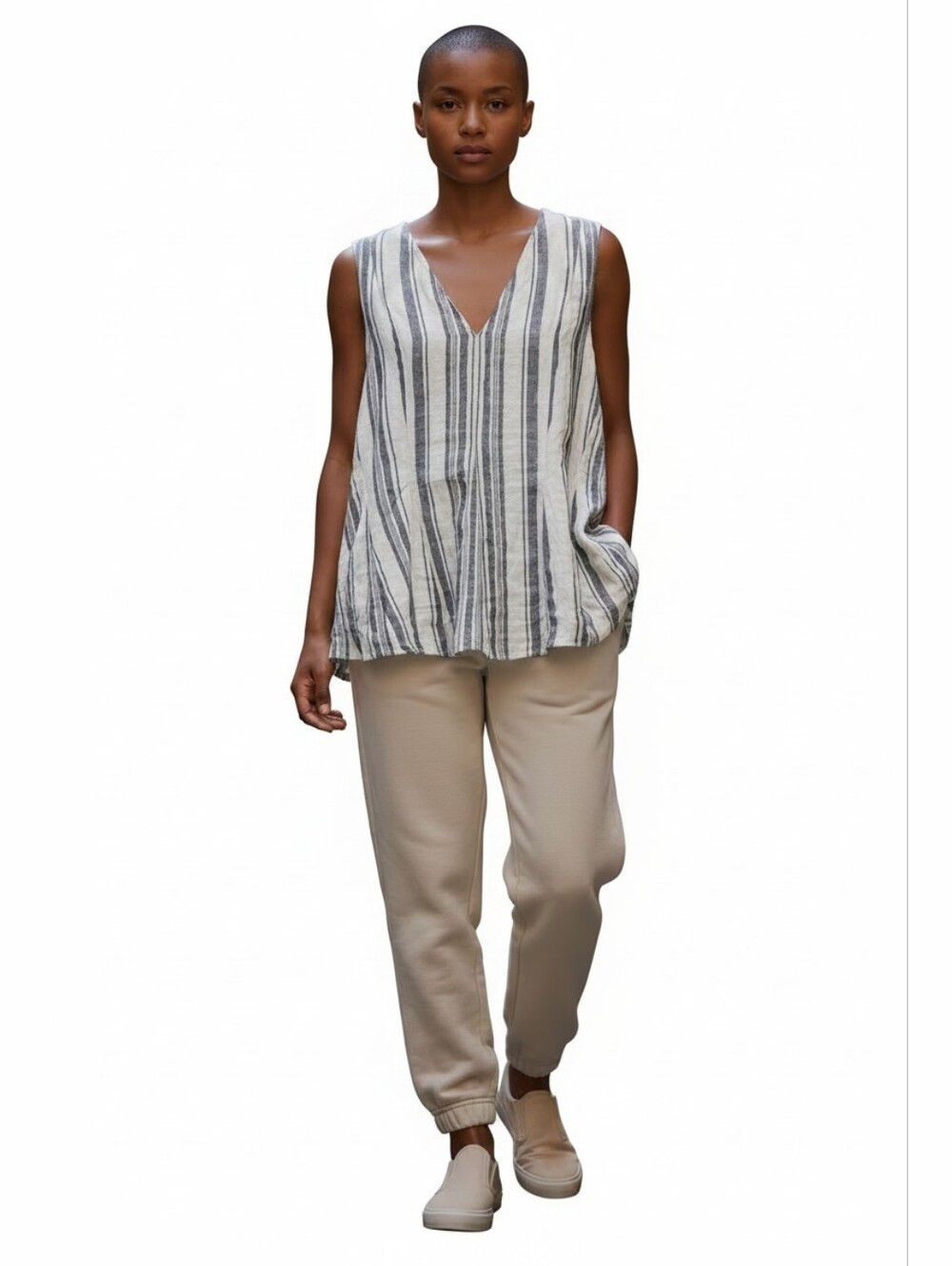 CORE Life Striped V-Neck Sleeveless Linen Top in Cream and Grey SZ S